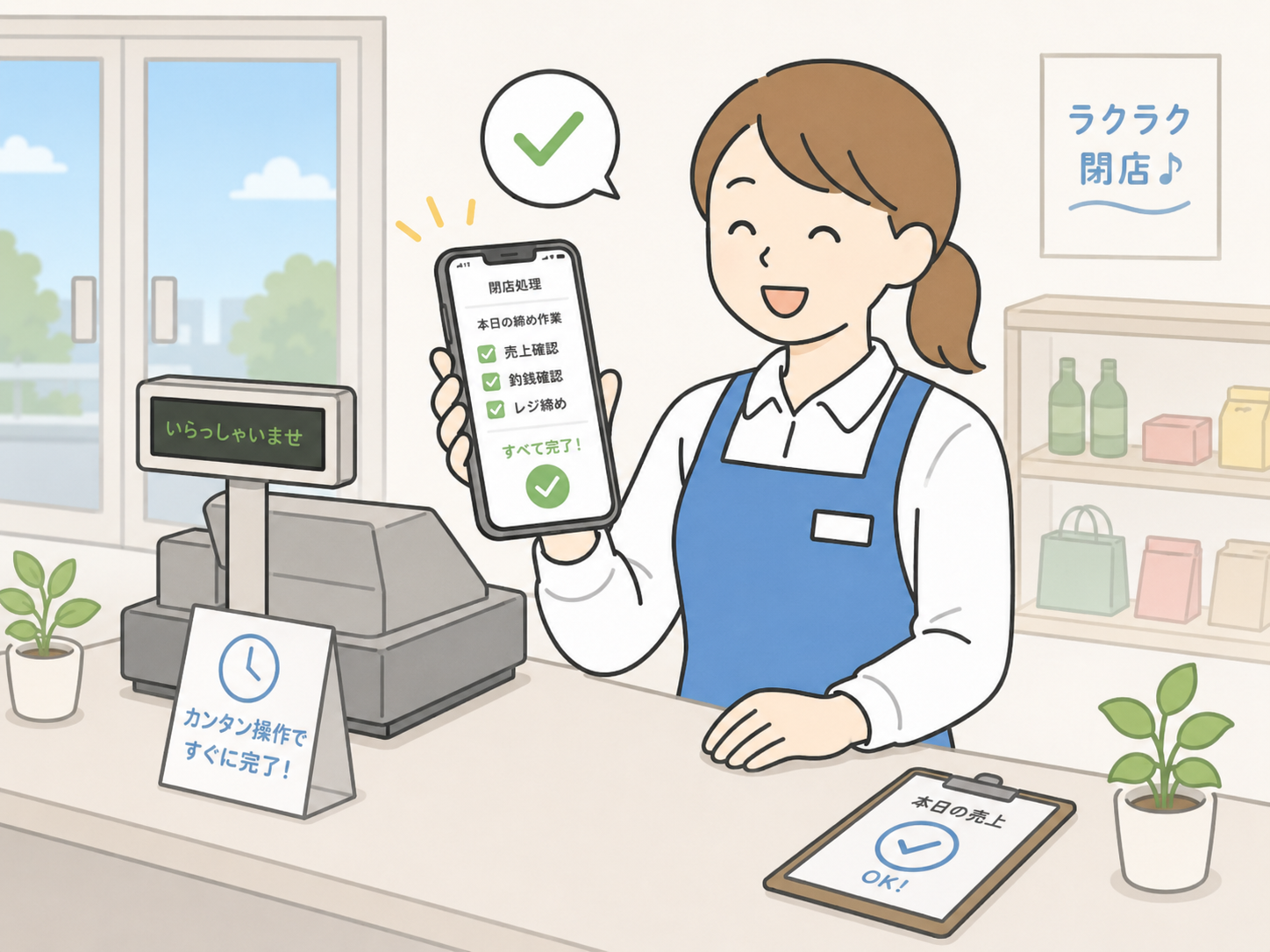 スマホで締め作業を完了する店舗スタッフ